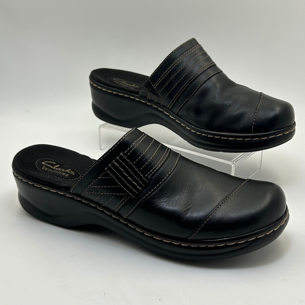 Clarks Mules Women 10M Black Leather Bendables Clogs Comfort Professional Office